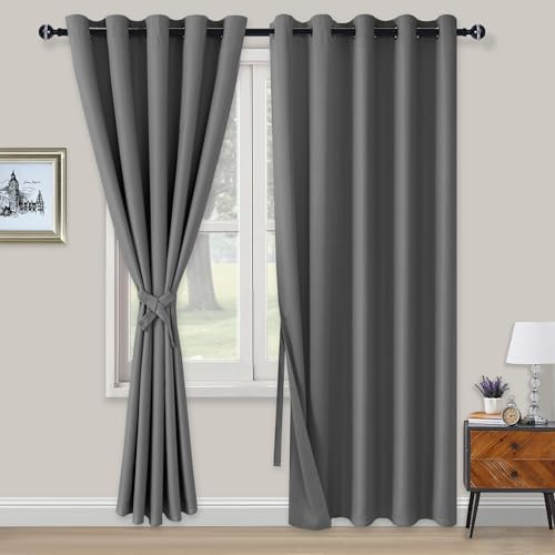 XWZO Blackout Curtains Shades Window Curtain Panels with Tiebacks- Noise Reduction and Thermal Insulated Eyelet Curtains for Bedroom,Living Room,Office,Study Room Grey W66xL90