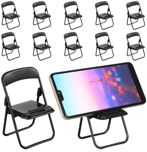 STOBOK 12Pcs Mini Folding Chair Phone Stand, Black Foldable Cell Phone Holder for Desk, Hands-Free Portable Desktop Stand Cute Decor for Smartphone & Tablet