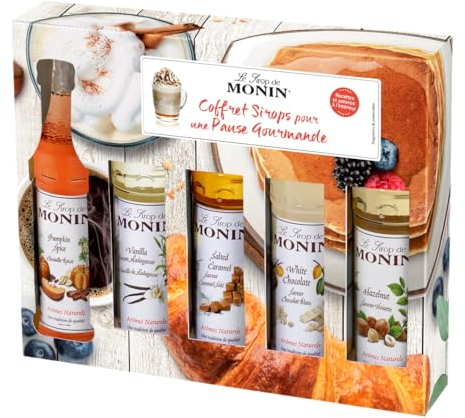 MONIN - Coffret MONIN Pour Café & Desserts Saveurs Citrouille Epicée/Vanille de Madagascar/Caramel Salé/Chocolat Blanc/Noisette - Pack Pause Gourmande - Arômes Naturels - Bouteille en Verre - 5 x 5 cl