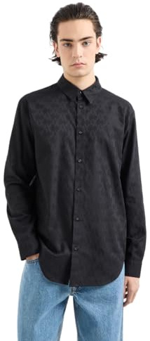 Armani Exchange Camicia da Uomo Regular Fit Manica Lunga Jacquard Cotone all Over Logo Button Down, Nero, XL