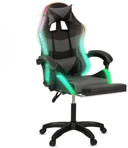 IDMarket - Sedia da gioco LUC LED con poggiapiedi, cuscino per la testa e supporto lombare in nero e grigio