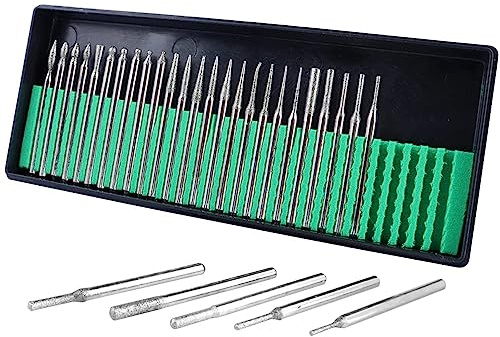 Mesee 30 Stück 3 mm Schaft Diamantbeschichtete Bohrer Set, Diamantfräser Set, Wolframstahl Fräser, Hartmetall Schleifstift Drehwerkzeug für Glas Edelstein, Schnitzen, Bohren Schleifwerkzeug, Zubehör