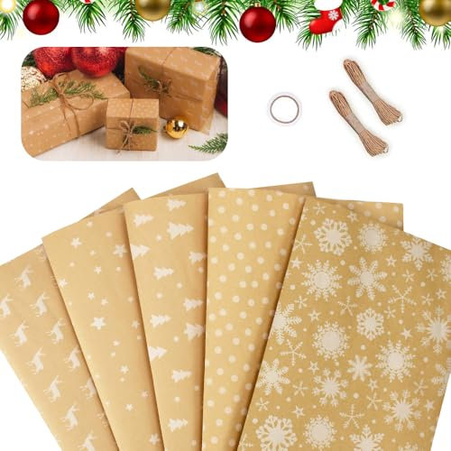 SLTAXAR 5Rollen 43cmx1m Weihnachtspapier Rolle Weihnachtsgeschenkpapier Weihnachtskraftpapier Geschenkpapier Rolle WeihnachtspackpapierWeihnachts Geschenkverpackung Papier Kraftpapier Braun mit Schnur