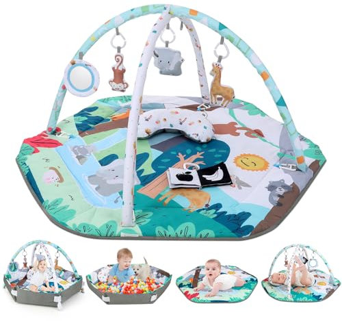 Lilian&Gema Spielbogen Baby, 4 in 1 Spieldecke Baby, Baby Spielmatte mit 6 Spielzeugen, Spielmatte Baby Faltbar Zoo Design, Krabbelmatte Baby ab der Geburt, Baby Spielmatte mit Bauchzeit Kissen