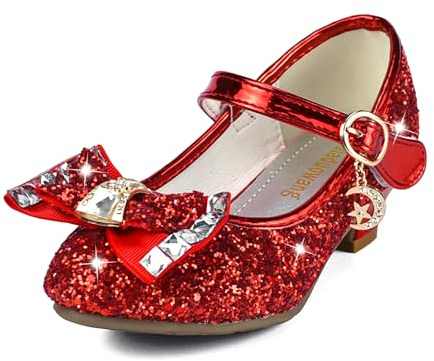 TRIWORIAE-Chaussures de Princesse à Talon pour Filles avec Paillettes Chaussures Reine Chaussures de Déguisement Scintillantes pour Fêtes et Anniversaires Rouge 33