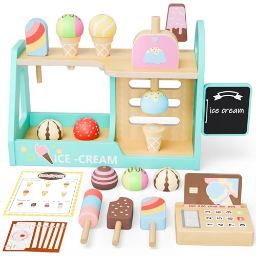 Magasin de Glace en Bois - Jouet Montessori pour Enfants - Comptoir à Glace avec Accessoires de Cuisine - Pour Fille de 3 à 6 Ans