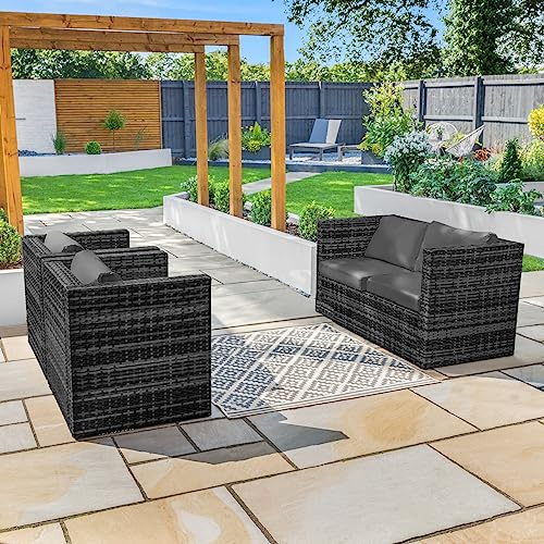 Harrier 4 Seater Rattan Furniture Set – Outdoor Patio Sofa with Optional Ottoman, Coffee Table - Grey/Black & Grey