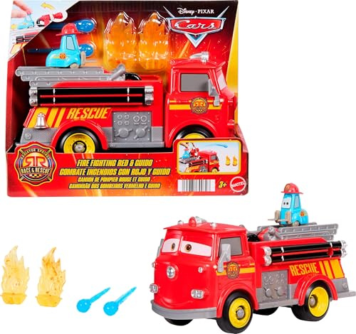Mattel Disney Pixar Cars Feuerwehrauto, Radiator Springs Rennen & Retten Feuerwehrauto Red und Guido, 2 Flammenziele und 2 Wassergeschosse aus Kunststoff, JFL54
