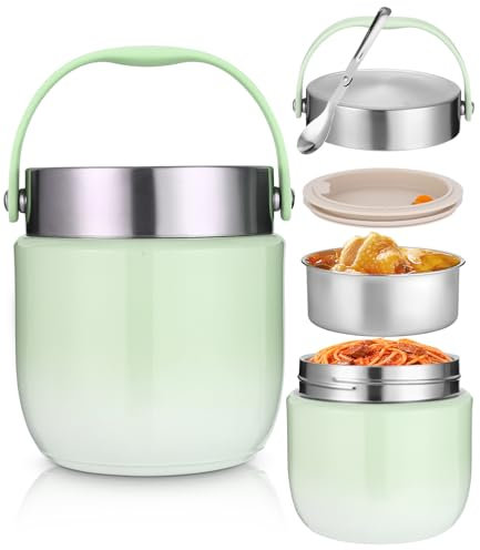 Thermobehälter für Essen 1200ml, Thermoschüssel mit Deckel, Warmhaltebehälter aus Edelstahl mit Faltbaren Löffel, Lunchbox Thermo Kinder Erwachsene für die Aufbewahrung von Suppen, Brei, Eiscreme,Grün