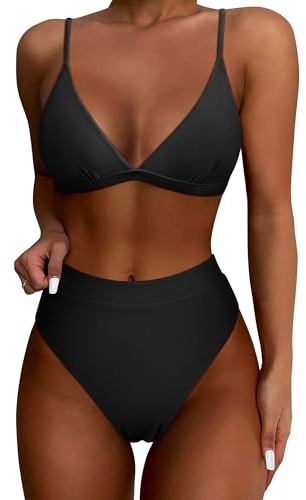 SUUKSESS Women Sexy High Waisted Two Piece Bikini Sets Triangle High Cut Swimsuit Push Up Bathing Suit (Black, M)