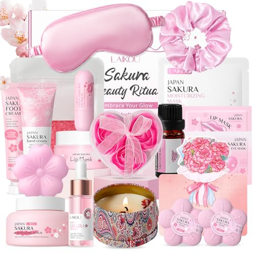 LAIKOU Sakura Bath & Body Care Set, 18Pcs Unique Self Care Package | Hand/Foot Cream Lip Balm Bath Bombs Aromatherapy Candle & More, Christmas Birthday Pamper Gift for Women Teenage Girls