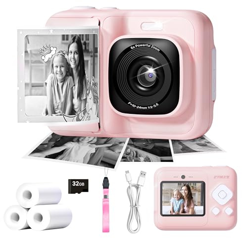 ETIKEZ Kids Camera, 1080P Instant Digital Print Camera for Kids, Christmas Birthday Gifts for 4 5 6 7 8 9 10 Year Old Girls Boys, Portable Toy with 1 Pack 32GB SD Card & 3 Pack Printing Paper, Pink