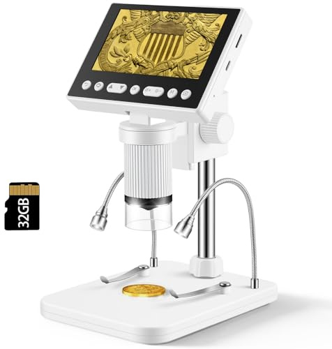 eSynic Microscopio Digital con Pantalla de 4.5'' Microscopio Portátil 1080P 5X-1000X con Luz LED Doble Soporte Ajustable Microscopio Recargable con 32GB para Reparación Soldadura PCB Monedas Educación