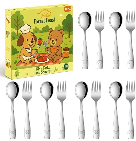 DEHOV Toddler Eating Utensils Set,Set Of 12 Food Grade Stainless Steel Silverware Sets For Kids,Dishwasher Safe Children Small Metal Spoons And Forks Flatware Sets