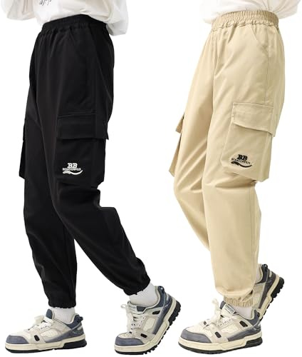 LIUNLU 2 Pack Cargo Pants for Boys, 11-12Y Outdoor Quick Dry Hiking Boys Pants, Lightweight Athletic Pants with Pockets Multiple Colors