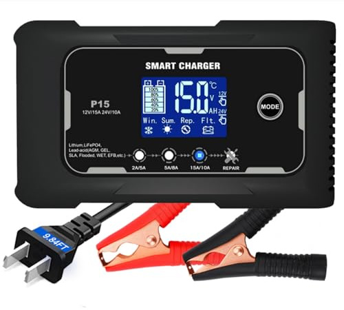 P15 12V/24V 15A Smart bilbatteriladdare, 9-stegsladdning med LCD-display, automatisk sommar-/vinterlägesväxling för blysyra AGM litium LiFePO4-batterier