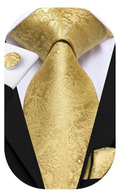 Dubulle Paisely Mens Necktie and Pocket Square Set with Cufflinks, Gold Yellow, M