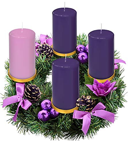 Candelabro de Anillo de Corona de Adviento con Cinta Morada para Velas de Adviento de Pilar, tamaño Grande, Soporte para Velas de Adviento de Navidad, decoración de Velas de Adviento, Regalos de