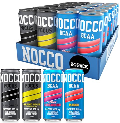 NOCCO BCAA - Bebida Energética con 180mg Cafeína, 3000 mg BCAA, Sin Azúcar, Sin Carbohidratos, Enriquecida con Vitaminas - 24 x 330ml inkl. Pfand (Mix Sabores)