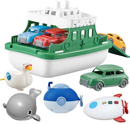 OKGIUGN Ferry Boat with 4 Car and 4 Wind Up Bath Swimming Toys, Kids Bath Toy Floating Vehicle Whales Submarines Swans Rockets, Bathtub Bathroom Pool Beach Toy Set for Toddlers Boys Girls