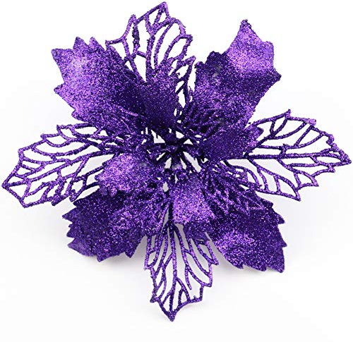 Sofecto 12 Pack Christmas Glitter Poinsettia Flowers Artificial Flower Christmas Tree Decorations and Ornaments, 16cm Diameter with Clips(purple)