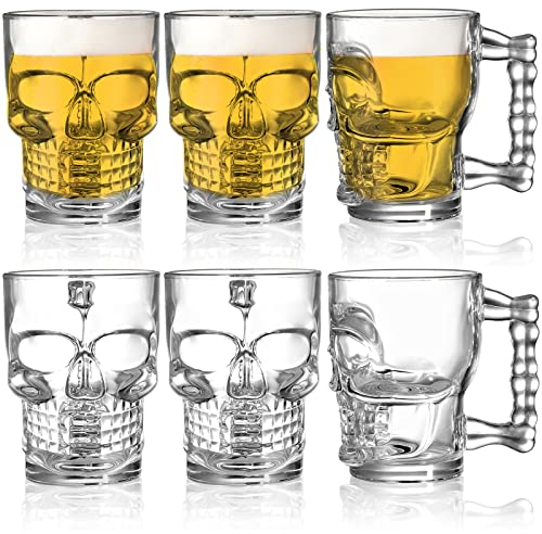 Hacaroa 6 Pack 500 ml Skull Glass Beer Mug with Handle, Heavy Base Drinking Tiki Glasses, Clear Funny Beer Stein Cup for Whisky, Wine, Juice, Bar, Halloween Decorations Gifts