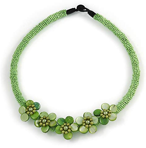 Avalaya Limegrön glaspärla med snäcka blommotiv halsband - 48 cm L, En storlek, Glas Glas snäckskal