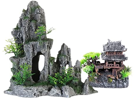 AWXZOM Extra Large Aquarium Decorations kit - âAncient Temple in The Mountainâ, Japanese Aquarium Decorations Resin Aquarium Castle Decorations Aquarium Mountain View Stone