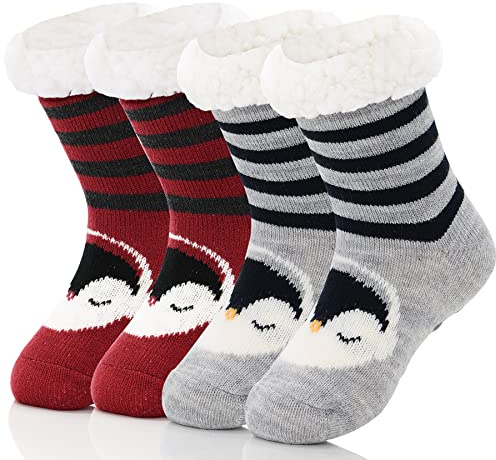 Zando Calcetines Navideños para Niños, Calcetines de Forro Polar Termicos para Niños, Calcetines Peludos para Niñas y Niños, Calcetines Antideslizantes para Niños, 8-12 años