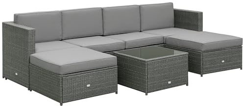 Outsunny Set Mobili da Giardino 7 Pezzi in Rattan e Acciaio, Salotto da Esterno con Tavolo, Poltrone e Pouf, Grigio