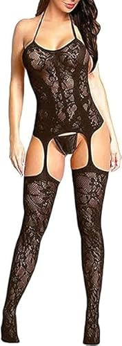 AWAVM Women's Fishnet Chemise BobyStocking Babydoll Bodysuit Chemise Nightwear Perspective Lingerie Mini Dress One Size (Black)