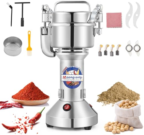Moongiantgo Mulino per Cereali Elettrica 250g, Macina Spezie Elettrico, Maglia30-300, Efficiente in 30s, Motore Commerciale da 950W e 28000RPM, Acciaio Inox 420 con Funzione di Arresto di Sicurezza