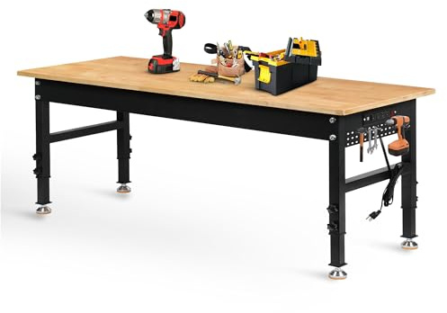Betterhood 70 Adjustable Height Workbench, 2000 LBS Heavy Duty Work Table with Power Outlets & Pegboard, Rubber Wood Workstation for Garage, Workshop, Office, Home, Commercial