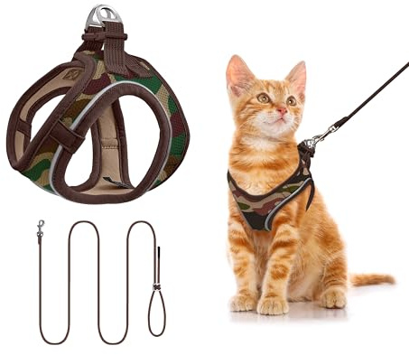 Qianruida Imbracatura per gatti, gilet con guinzaglio per gatti, riflettenti, regolabile, confortevole e traspirante, imbracatura per gatto, gilet morbido, per piccoli gattini (camuffamento XXS)