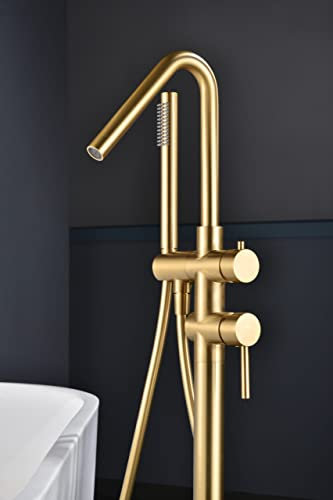 IMEX - Grifo de Bañera Independiente | Monomando Bañera Exenta Efecto Cascada | Grifo Bañera Suelo con Alcachofa y Flexo | Serie Córcega | Color Oro Cepillado