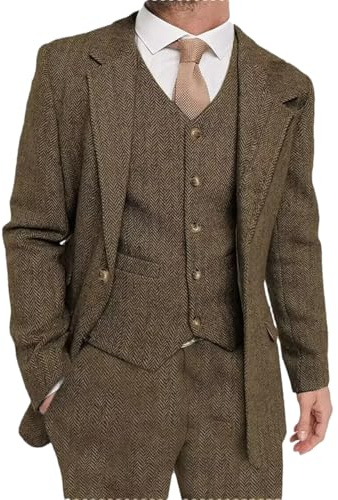 Costume 3 pièces en tweed pour hommes - Costume de marié en style business pour mariage - Ensemble veste, gilet et pantalon pour hommes, marron, XL