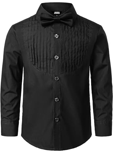 JOGAL Chemise à manches longues en coton uni pour garçon - Coupe droite - Pour enfants de 6 à 14 ans - Avec nœud papillon, Noir , 9-10 ans