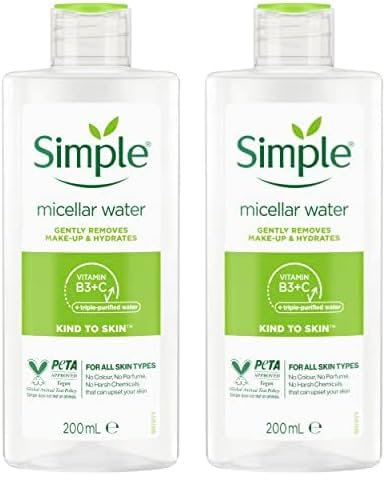 Simple Kind to Skin Cleansing Water Micellar 90% hydration boost facial cleanser and makeup remover 200ml (Pack of 2)