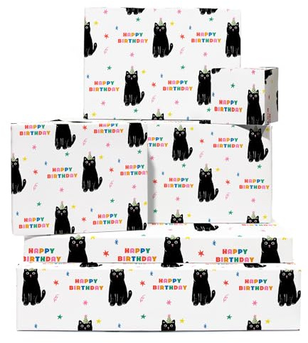 Papel de regalo de cumpleaños de gato - 6 hojas de papel de regalo - Gatos negros - Texto de Happy Birthday - Papel de regalo blanco para hombre mujer - Reciclable - Por Central 23