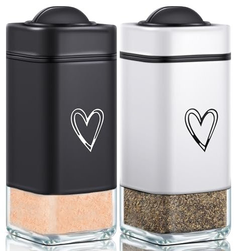 Ensemble salière et poivrière avec trous de versement réglables, joli motif cœur avec fond en verre transparent, salière rechargeable, parfaite pour les gadgets de cuisine, la table de cuisine (noir +