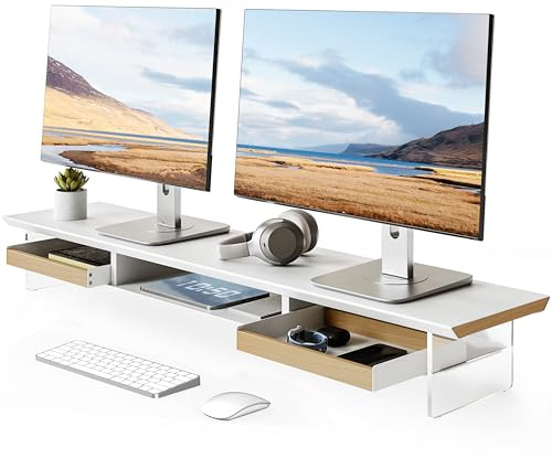 Fenge Support Ecran PC, 108cm, Acrylique, Ordinateur Moniteur TV, Blanc | 2 Appareils, Charge 35kg, Flottant, 2 Tiroirs Hêtre Feutrés, Tablette Métal, Gestion Câbles, Bord Surélevé, Écran Bureau
