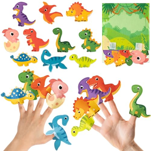 COcnny - Set di burattini da dito di dinosauro, 11 pezzi di pupazzi di feltro di dinosauro con sacchetto di giungla, kit di artigianato per bambini, fai i tuoi giocattoli per raccontare storie