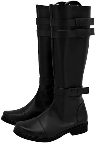 Stivali alti da cosplay per uomo con cinturini decorativi, scarpe da costume in pelle sintetica fino al ginocchio per uomo, calzature per spettacoli con cerniera laterale, stivali da personaggio
