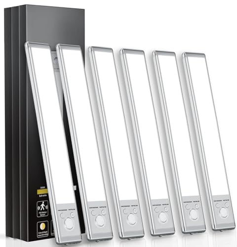 Under Cabinet Lights,76 LED Operated Motion Sensor Light Indoor,1500mAh USB Rechargeable Closet Lights, 6 Pack Magnetic Dimmable Closet Lights，Wireless Under Counter Lights for Kitchen, Stairs.