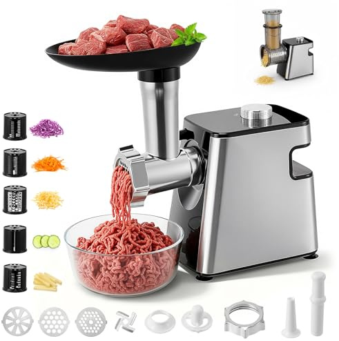 Tnamdan Picadora eléctrica de carne,embutidora de salchichas,picadora eléctrica de carne y trituradora de verduras de acero inoxidable de 2800W máx,3 placas de picado,cortador de verduras con 5