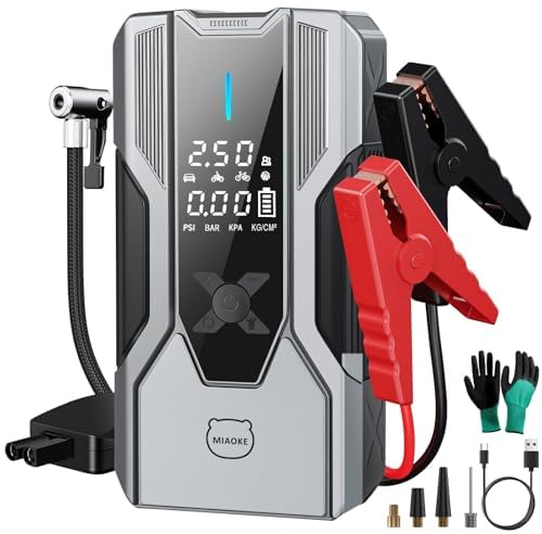MIAOKE Arrancador de Baterias de Coche 8000A, 12V Arrancador de Coche, 150PSI Compresor de Aire, Juego de Boquillas a Juego, Clip de Flor de Punto Inteligente, Tubo Inflable, Aplicable Motocicletas