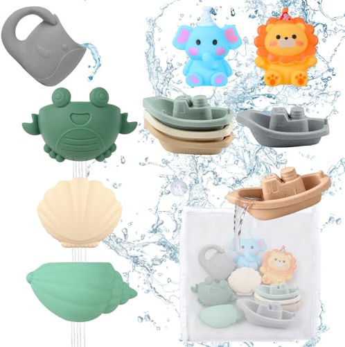 Giochi Bagnetto, 16 Pezzi Giocattoli da Bagno per Bambini con Tazza a Cascata Barchette da Bagno Impilabili e Giocattoli Animali Giungla,Giocattolo a Acqua per Bagno, Piscina, Spiaggia