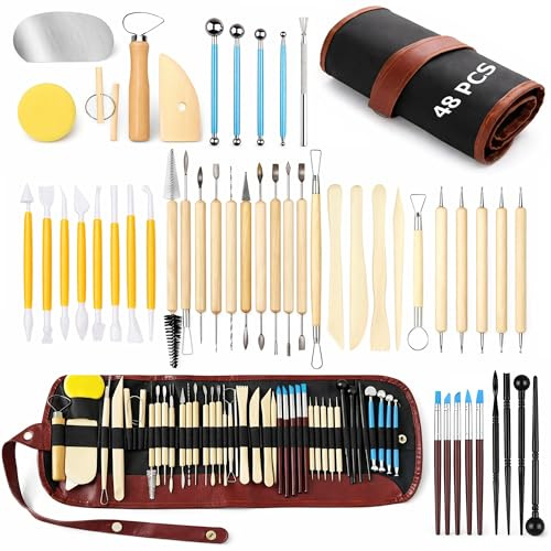 48Pcs Polymer Clay Tools Kit: Pottery and Air Dry Clay Modelling Tools | With PU Storage Bag for Adults and Beginners - Ideal for Pottery Sculpture Carving Shaping and Scraping