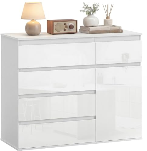 HOMCOM Cassettiera Camera da Letto 5 Cassetti, Como Camera da Letto Moderno con Ripiano Regolabile, Ante Soft-Close, Cassettiera Salvaspazio per Soggiorno Cameretta, 100x40x80 cm, Bianco Lucido