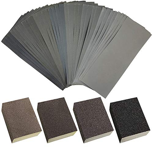 FineGood 4 Schleifschwämme und 36 Schleifblätter, waschbar, wiederverwendbar, 400–3000, Schleifpapier für Holzmöbel, Autopolitur